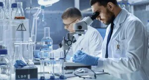 Laboratory technician looking through microscopes in a laboratory setting