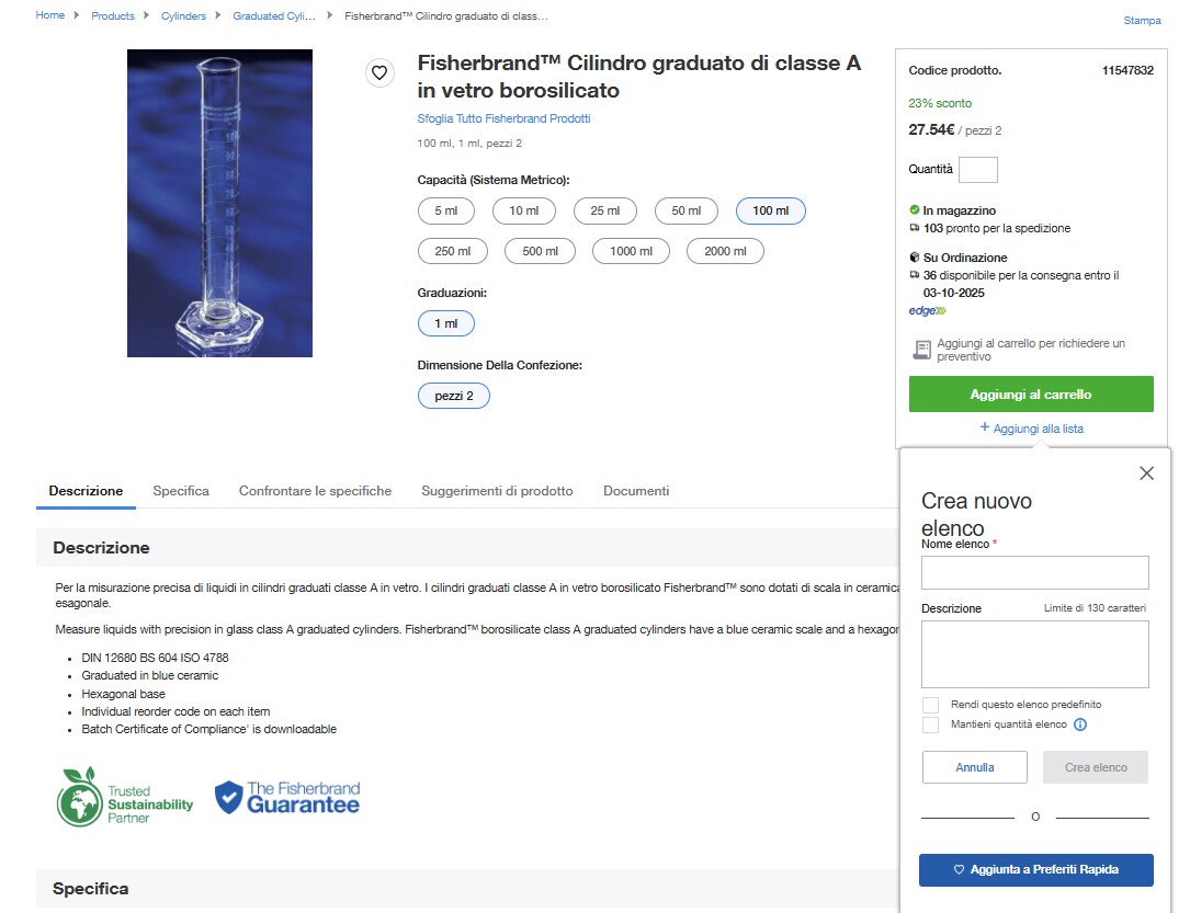 Product page on Fisher Scientific's website for Fisherbrand Comfort Nitrile Gloves with Aloe and Chamomile. Includes an image, product title, size options, pricing, stock status, and buttons for adding to cart or list. Tabs for description, specifications, and product suggestions are present.