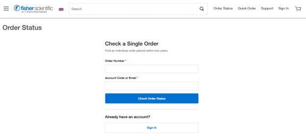 Order Shipment Tracking page on Fisher Scientific's website with shipment and item tracking information. Includes options to expand for more details.