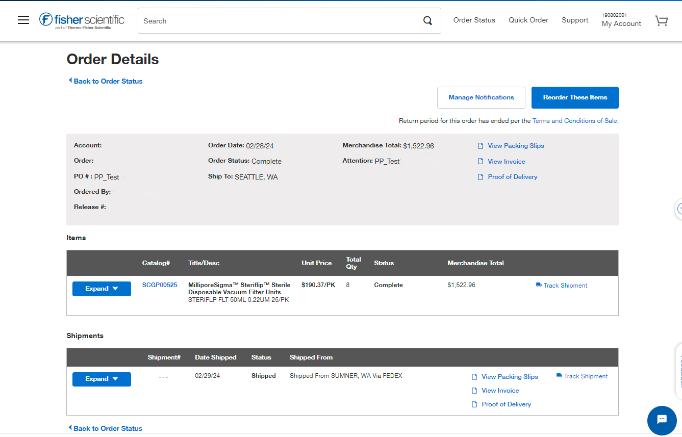 Order Details page on Fisher Scientific's website with order and shipment information. Includes options for managing notifications, reordering items, viewing packing slips, invoice, and proof of delivery. Note mentions return period has ended. 'Back to Order Status' link is present.