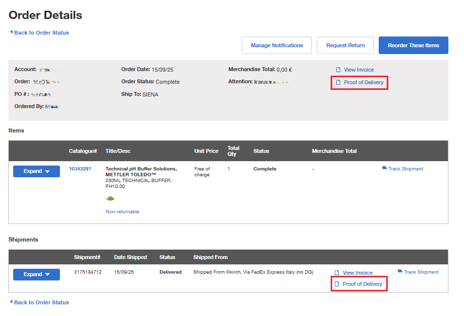 Order Shipment Tracking page on Fisher Scientific's website with shipment and item tracking information. Includes options to expand for more details.