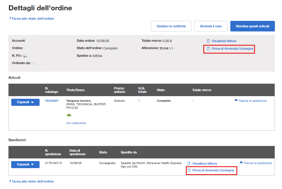 Order Details page on Fisher Scientific's website with order and shipment information. Includes options to manage notifications, reorder items, and view packing slips, invoice, and proof of delivery. Note mentions return period has ended.