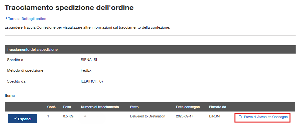 Order Details page on Fisher Scientific's website with order and shipment information. Includes options to manage notifications, reorder items, and view packing slips, invoice, and proof of delivery. Note mentions return period has ended.